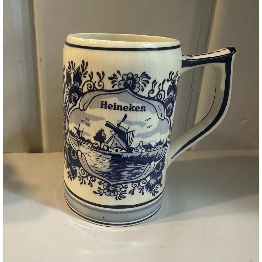 Blue Delft Heineken Holland Dutch Windmill Beer Stein Mug Vintage Hand Painted